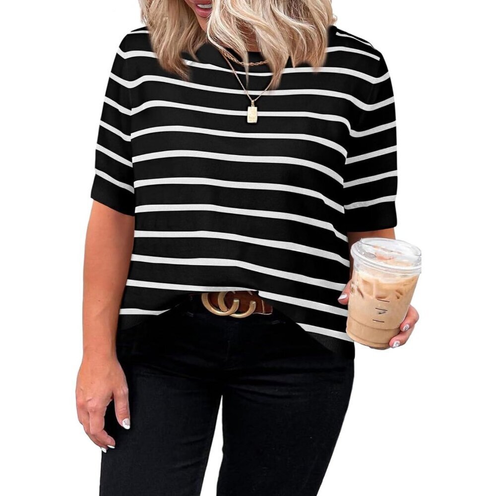 Plus Size Striped Crewneck Short Sleeve Sweater Womens Casual Summer Top